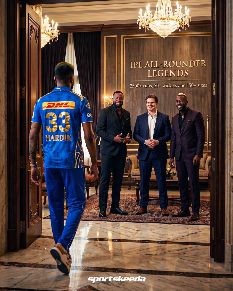Sportskeeda's tweet image. Hardik Pandya joins the elite club! 💙💪

He joins the trio of Shane Watson, Kieron Pollard, and Andre Russell — achieving the rare triple of 2500+ runs, 50+ wickets, and 150 sixes in IPL history! 🌟💫

#IPL2026 #HardikPandya #SKC #Sportskeeda