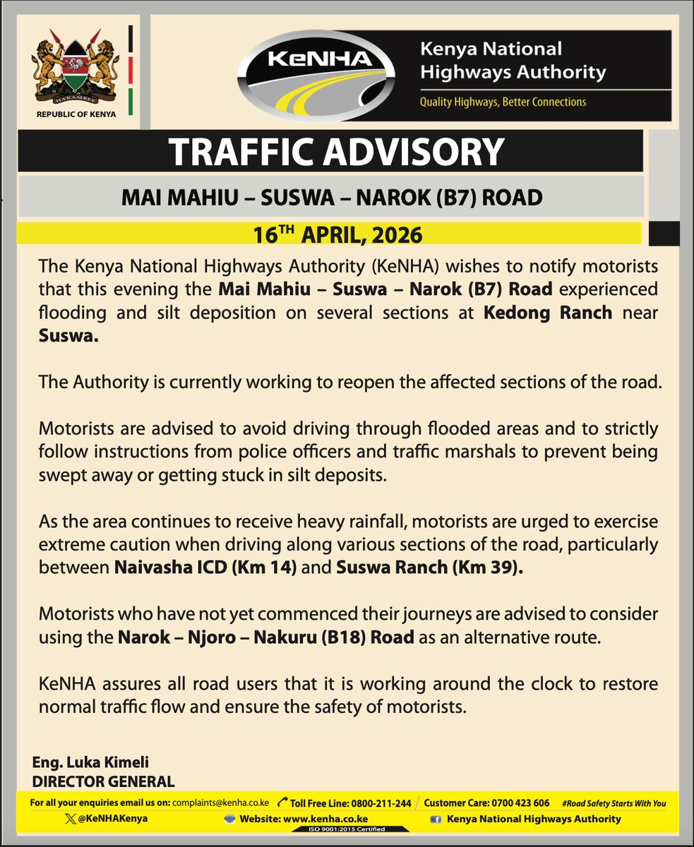 KeNHAKenya's tweet photo. Traffic Advisory on the Mai Mahiu - Suswa - Narok (B7) Road https://t.co/lhbV2ZhnxS