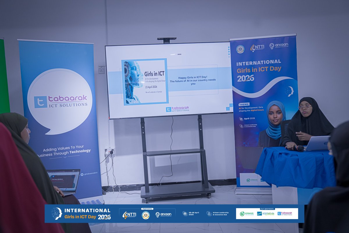 TabaarakICT's tweet photo. Tabaarak ICT proudly supported a training program during #GirlsInICT2026, empowering 120 female university students in Mogadishu studying AI and development. 

The initiative enhanced skills, encouraged innovation, and highlighted the vital role of women in digital transformation, with experienced female trainers serving as inspiring role models.

#TabaarakICT 
 #GirlsInICT 
 #WomenInTech 
 #AIforDevelopment
 #Somalia