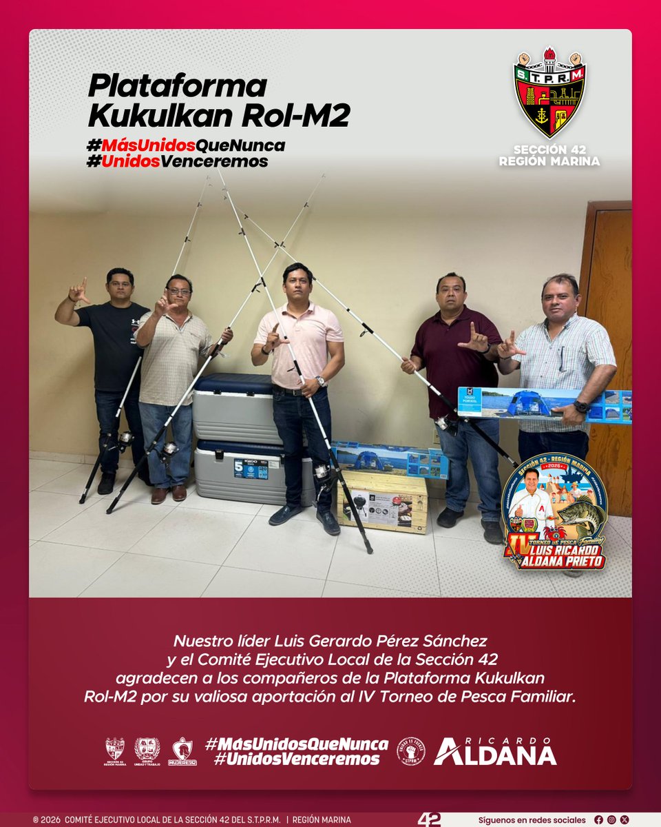 Las compañeros de la Plataforma Kukulkán Rol‑M2 realizaron hoy una entrega de obsequios para el IV Torneo de Pesca Familiar “Luis Ricardo Aldana Prieto”. Como un gesto de participación que refleja su compromiso, la solidaridad y el orgullo que distinguen a nuestra fuerza laboral