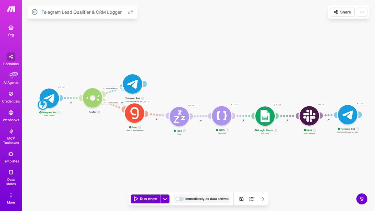 Ikojibe's tweet image. Most businesses lose leads to slow follow-ups. 

I built an AI system for FitCore Studio that responds, qualifies, and logs leads in &amp;lt;60 seconds.

Stack: Make + Telegram + Groq + Slack

No missed leads. Even while you sleep. ⚡️

#Automation #NoCode #Make #AI #LeadGen