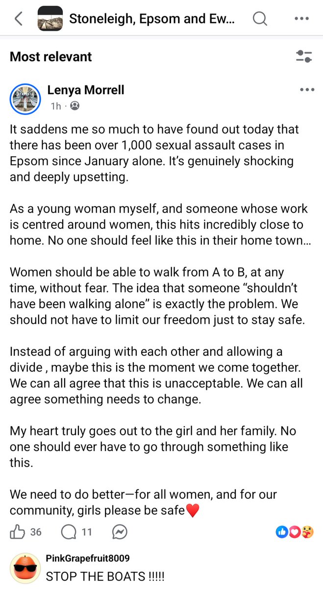 jneill's tweet image. #Epsom
Facebook is also a #Hellscape
This poster says "there has been over 1,000 sexual assault cases in Epsom since January alone. It's genuinely shocking and deeply upsetting."
In reality, there were 64 offences in the three months Oct-Dec 2025.
And 27 in Feb 2026.
