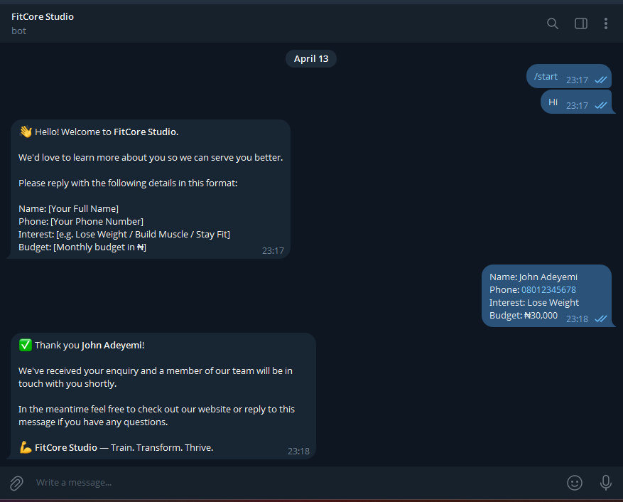 Ikojibe's tweet image. Most businesses lose leads to slow follow-ups. 

I built an AI system for FitCore Studio that responds, qualifies, and logs leads in &amp;lt;60 seconds.

Stack: Make + Telegram + Groq + Slack

No missed leads. Even while you sleep. ⚡️

#Automation #NoCode #Make #AI #LeadGen