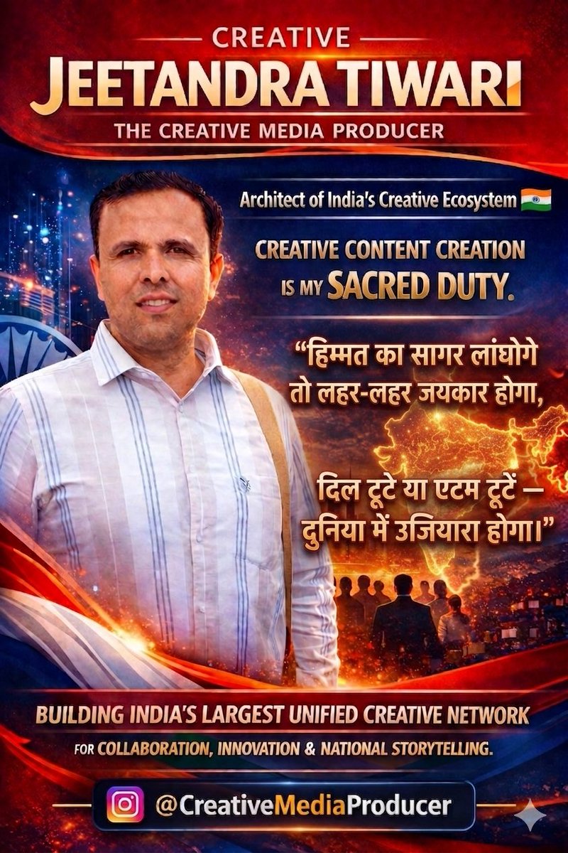 jeetandratiwari's tweet image. #नमस्तेCreativeभारत 🇮🇳

“हिम्मत का सागर लांघोगे… तो जयकार होगा।”

#Creativejourney आसान नहीं—
पर इरादा मज़बूत हो तो हर struggle कहानी बनता है।

#NamasteCreativeBharatMahakumbh02 🇮🇳
Uniting India’s Creative Forces

Create with purpose.

#CreativeIndia #Storytelling