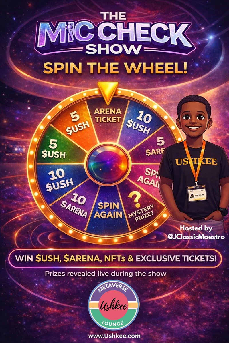 motitalkz's tweet photo. SPIN. WIN. REPEAT. 🎯
The Mic Check Show is live and the wheel is HOT.
Win $USH, $ARENA, NFTs, exclusive tickets + mystery prizes — revealed LIVE.
Hosted by @JClassicMaestro
👉 Pull up to The Arena. Tap in now: https://t.co/YwhYz1VSKK
#MicCheckShow #SpinTheWheel #Ushkee https://t.co/pX8vtuo2KQ