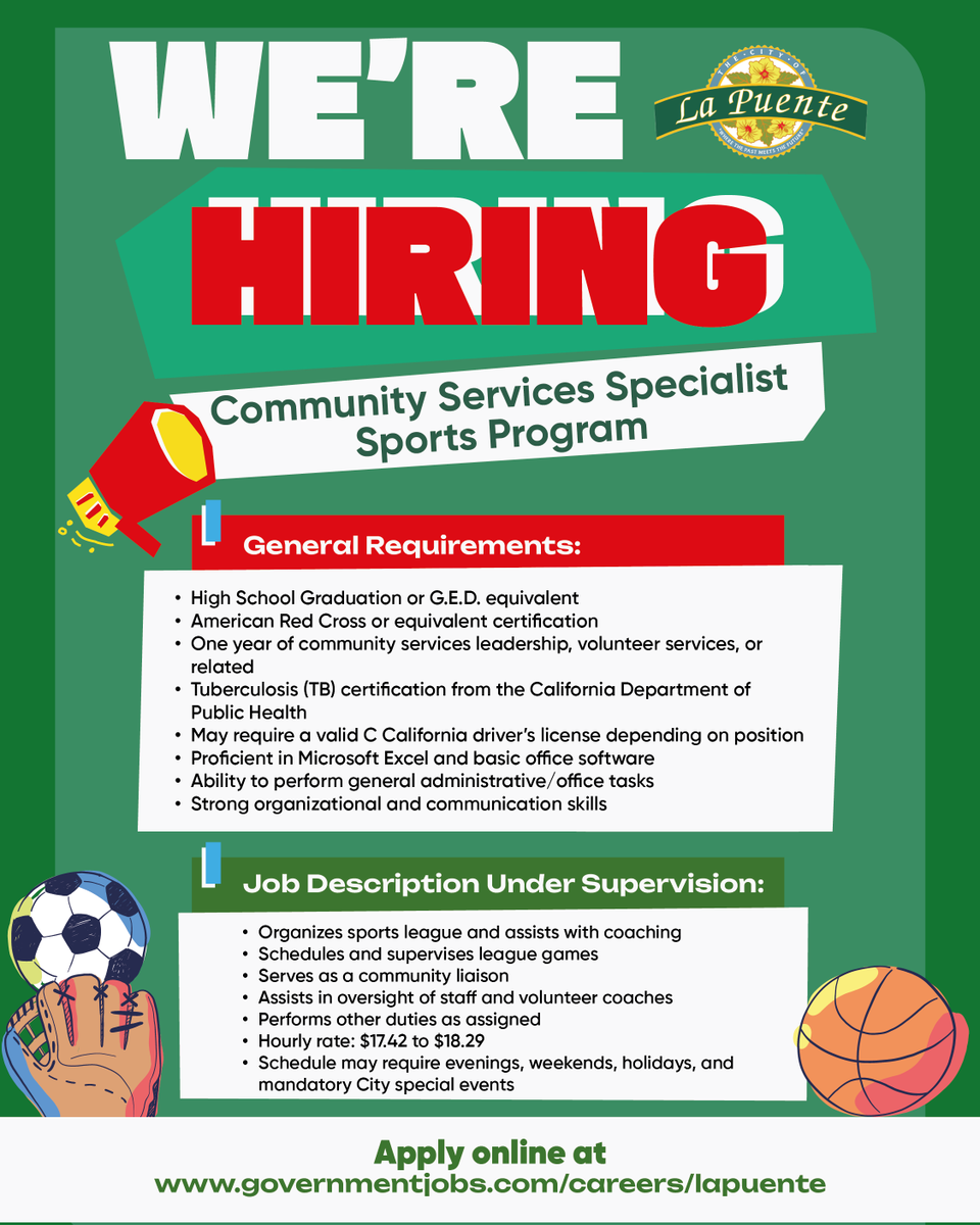 CityofLaPuente's tweet image. ⚽🏀⚾ We’re hiring a Community Services Specialist (Sports Program) to help lead leagues, support coaches, and bring our programs to life.

💼 Apply today and be part of something bigger at governmentjobs.com/careers/lapuen…

#LaPuente #NowHiring #JoinOurTeam #Jobs #Community