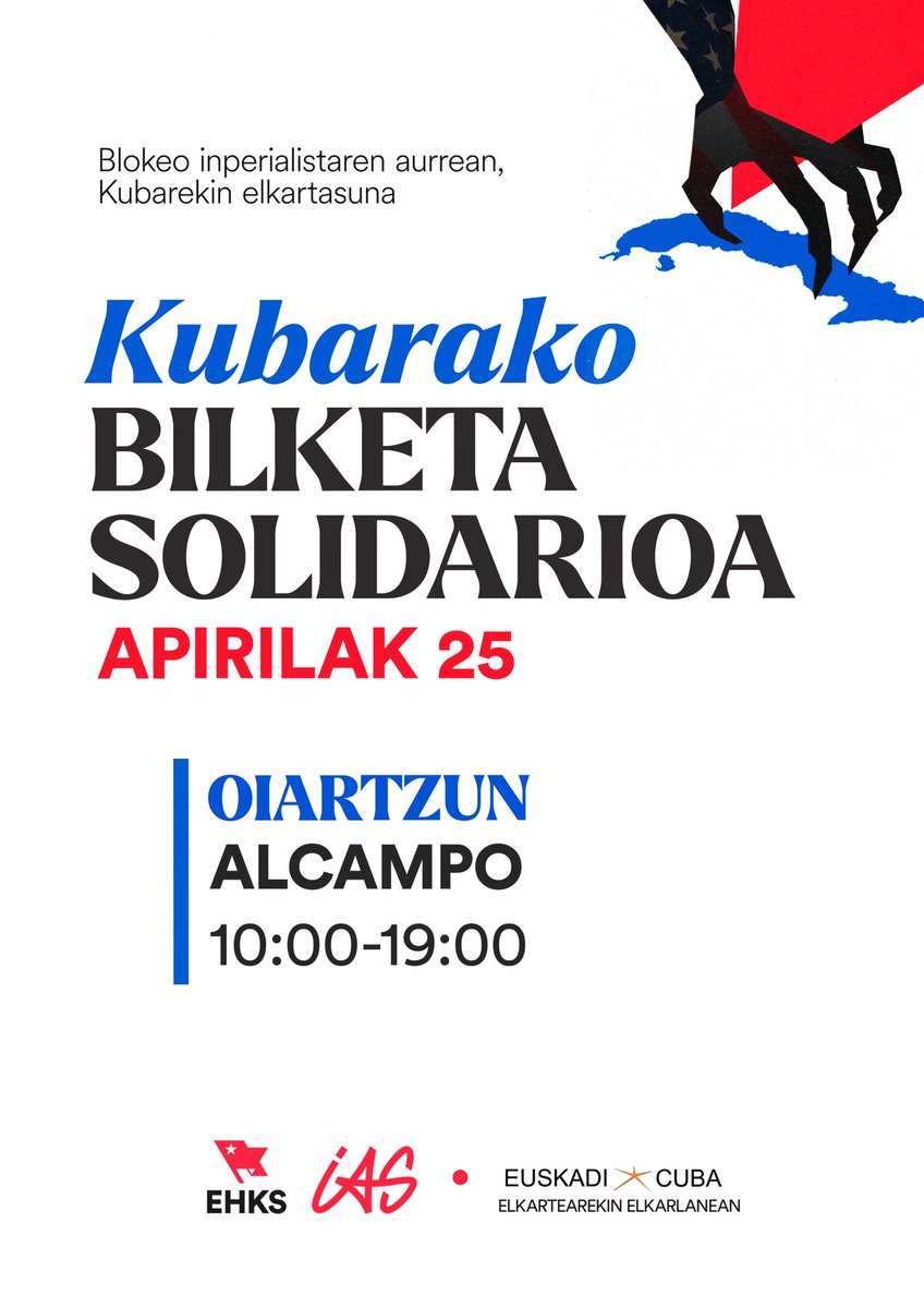 Kontseilua_oar's tweet photo. 🚩𝑩𝒍𝒐𝒌𝒆𝒐 𝒊𝒏𝒑𝒆𝒓𝒊𝒂𝒍𝒊𝒔𝒕𝒂𝒓𝒆𝒏 𝒂𝒖𝒓𝒓𝒆𝒂𝒏, 𝑲𝒖𝒃𝒂𝒓𝒆𝒌𝒊𝒏 𝒆𝒍𝒌𝒂𝒓𝒕𝒂𝒔𝒖𝒏𝒂

AEBek ezarritako blokeo egoera tarteko, muturreko egoeran dago Kuba. Hori dela eta, Kubara bidaltzeko oinarrizko produktuen bilketa egingo dugu Orereta eta Oiartzunen. https://t.co/06PhqNbNff