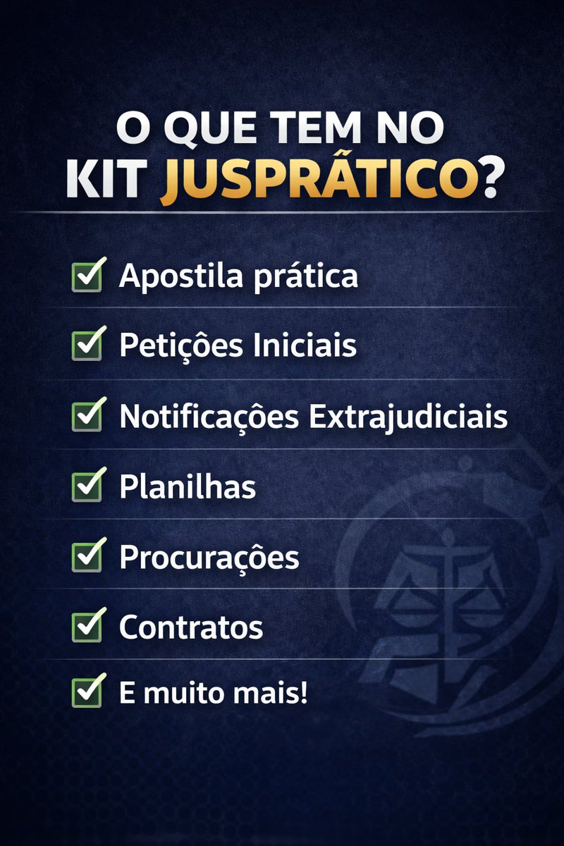 JusPratico's tweet image. Não é só um material… É um sistema completo para advogar!
👉 Economize tempo
 👉Aumente sua produtividade
 👉Atenda mais clientes
#ProdutividadeJurídica #AdvocaciaEficiente #Advogado #Direito #ModelosJurídicos #PetiçãoInicial #AdvocaciaNaPratica #GestãoJurídica #JusPratico