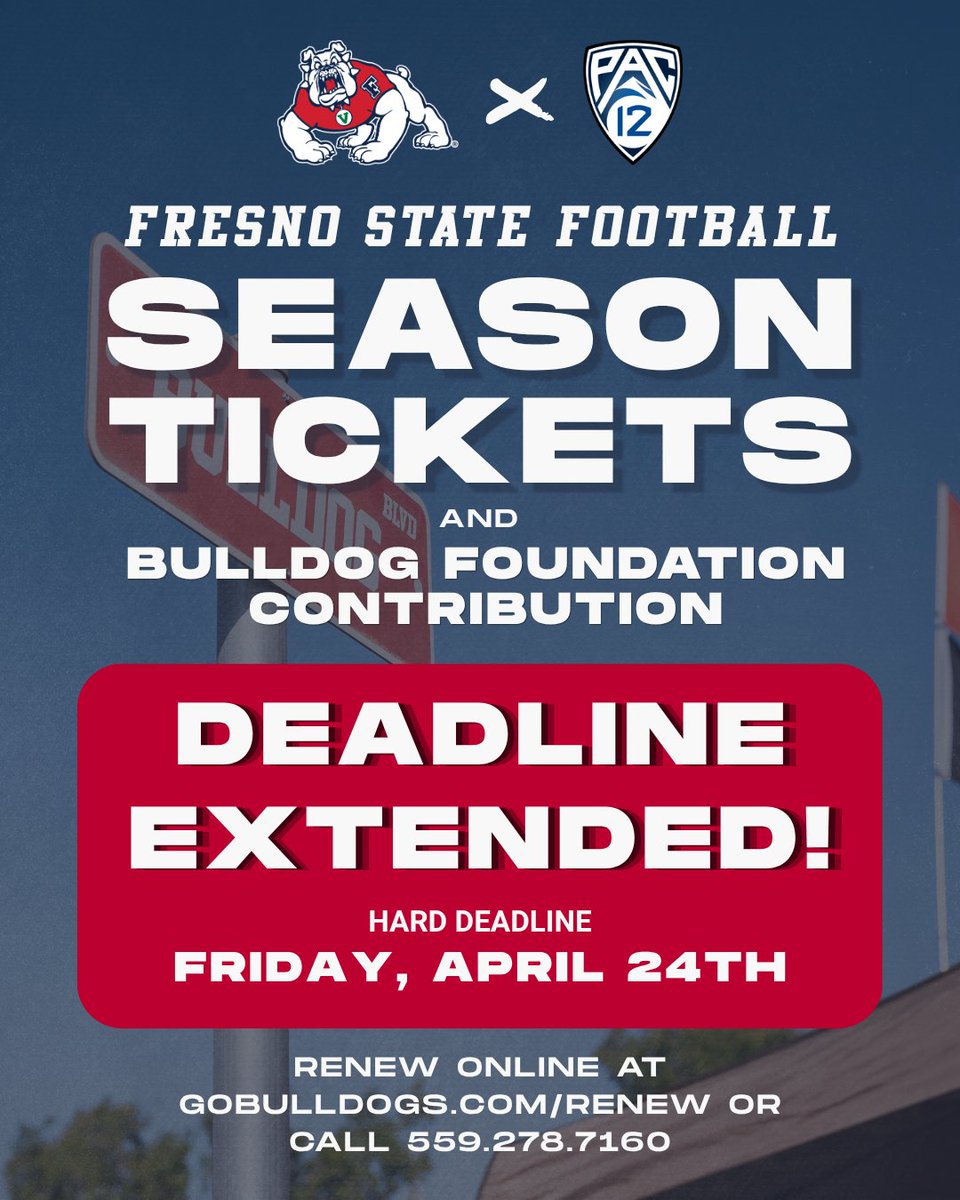 FresnoStateBDF's tweet photo. 🚨The Renewal Deadline Has Been Extended!

There’s still time to renew your @FresnoStateFB  season tickets and Bulldog Foundation contribution! The new deadline is Friday, April 24th.⌛🐶

Renew online at https://t.co/TYa9ZdwCu8 or give us a call at 559.278.7160, Monday-Friday from 8AM-5PM. #GoDogs