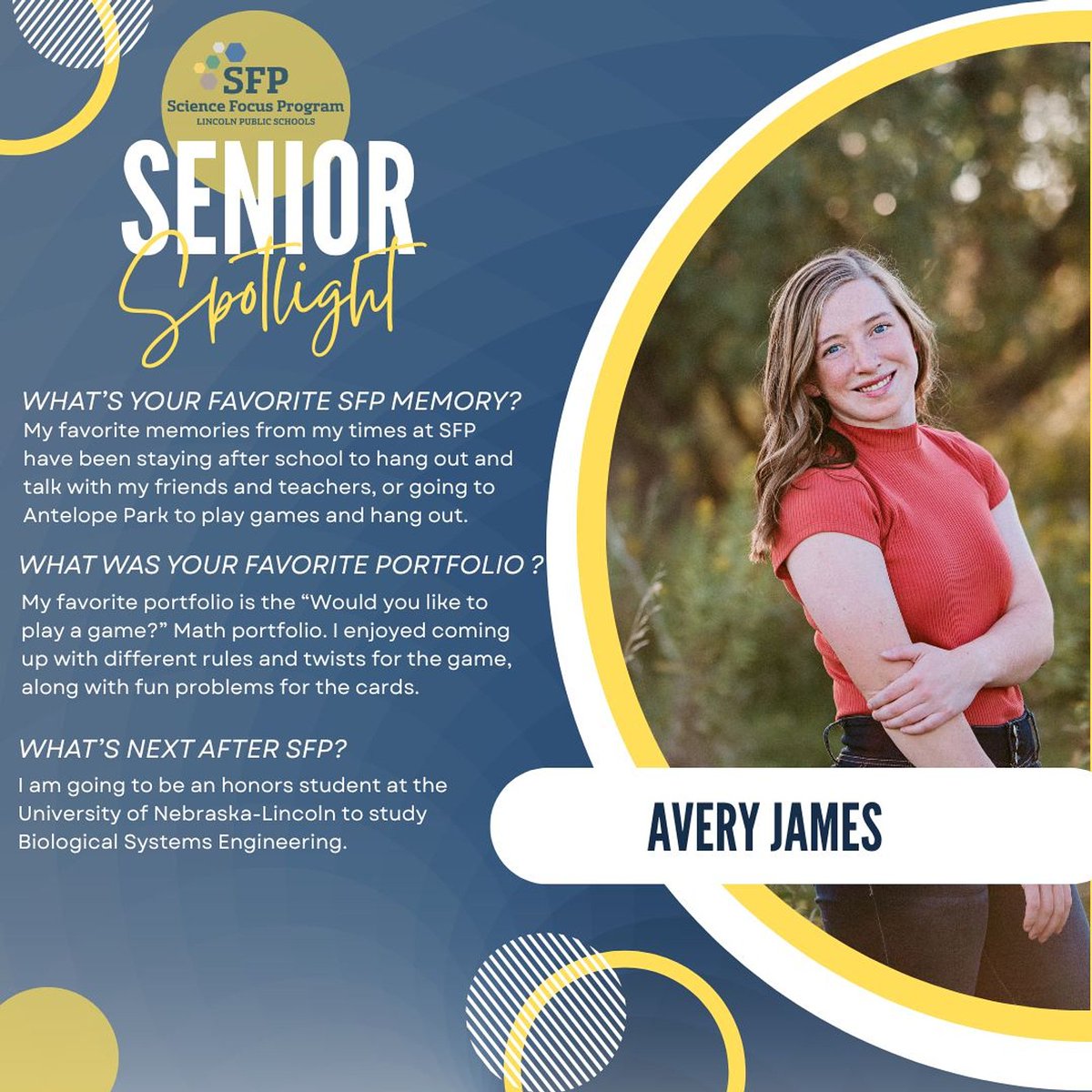 LPSScienceFocus's tweet photo. Senior Spotlight! 🌟 From now until the end of the year, we're going to feature one of our incredible seniors each Friday!  This week's Senior Spotlight is Avery James!  Congratulations on all you've accomplished at SFP! https://t.co/qu8x9vjuBk