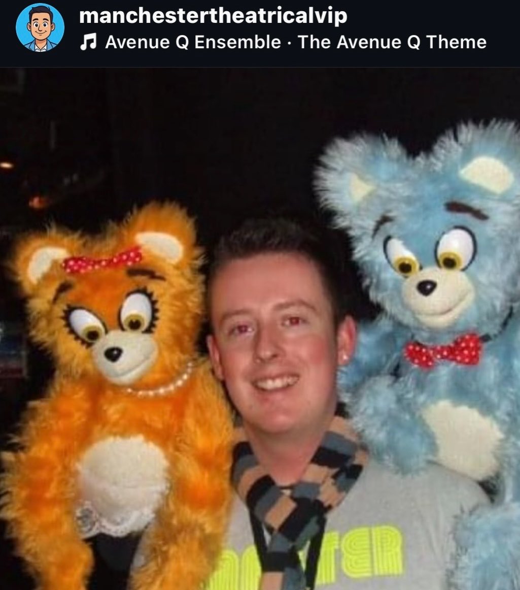 MANCTHEATRICAL's tweet photo. 20 years since @MANCTHEATRICAL had a hug from those mischievous #FUZZBALLS Cannot wait to step on the @avenueqonstage YELLOW CARPET & get a long overdue hug from TREKKIE MONSTER, LUCY T SLUT, PRINCETON, ROD, NICKY, KATE, BAD IDEA BEARS, GARY, CHRISTMAS EVE…even MRS THISTLETWAT! https://t.co/i9p5BxLhDi