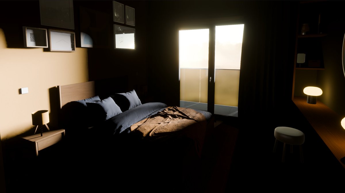 Passer1dae's tweet image. Testing WSGI in a new interior with strong sunlight + skylight + emissive lamps:

1. Final frame with GI
2. GI-only debug visualization
3. Direct lighting only (no GI)

The scene is "Bedroom Interior" (u3d.as/3M3Z) by @MsMarvDes

#gamedev #indiedev #unity3d