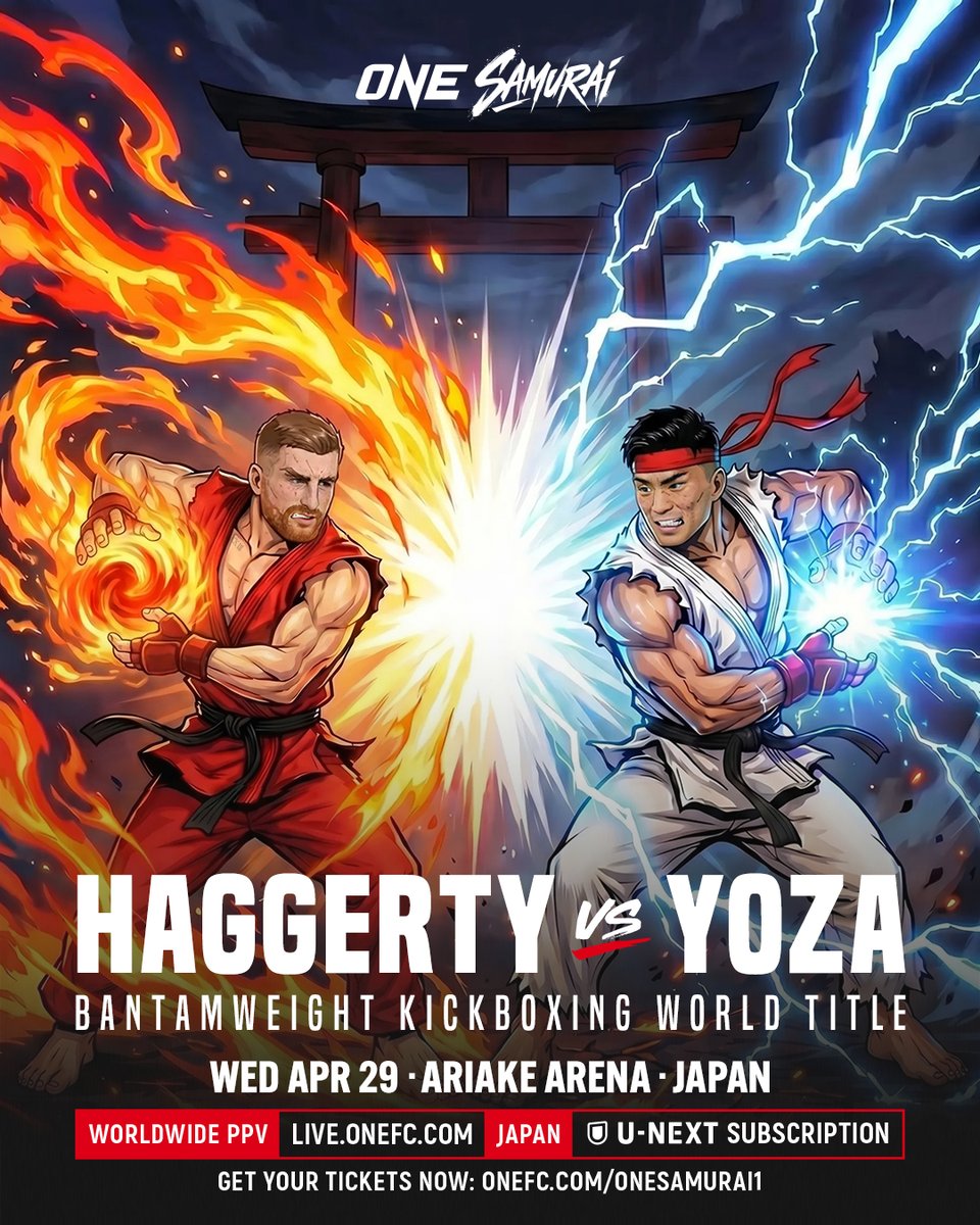 ONEChampionship's tweet image. Jonathan Haggerty and Yuki Yoza go #StreetFighter 🕹️👊 See their showdown for the ONE Bantamweight Kickboxing World Title at ONE SAMURAI 1! @yozayuki_1 

#ONESAMURAI1 | Wed, Apr 29 at 2:30PM JST/1:30AM ET
🌏 Global PPV 👉 visit.onefc.com/ONESAMURAI1
🇯🇵 Live on U-NEXT
🎟️ Tickets 👉