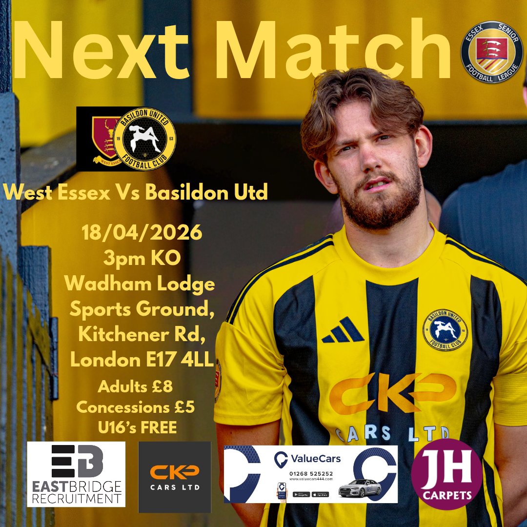BasUtdFC's tweet photo. NEXT MATCH! 🐝⚽️
The Bees travel to face West Essex this Saturday! It’s a huge game and we want as many of you there as possible to roar the lads on! 🔊
🗓️ Sat 18th April
🕒 3pm KO
📍 Wadham Lodge, E17 4LL
🎟️ Support The Bees away! 

#UTB #BasildonUnited #NonLeagueDay 🐝⚽️ https://t.co/uJGKlCzEbX