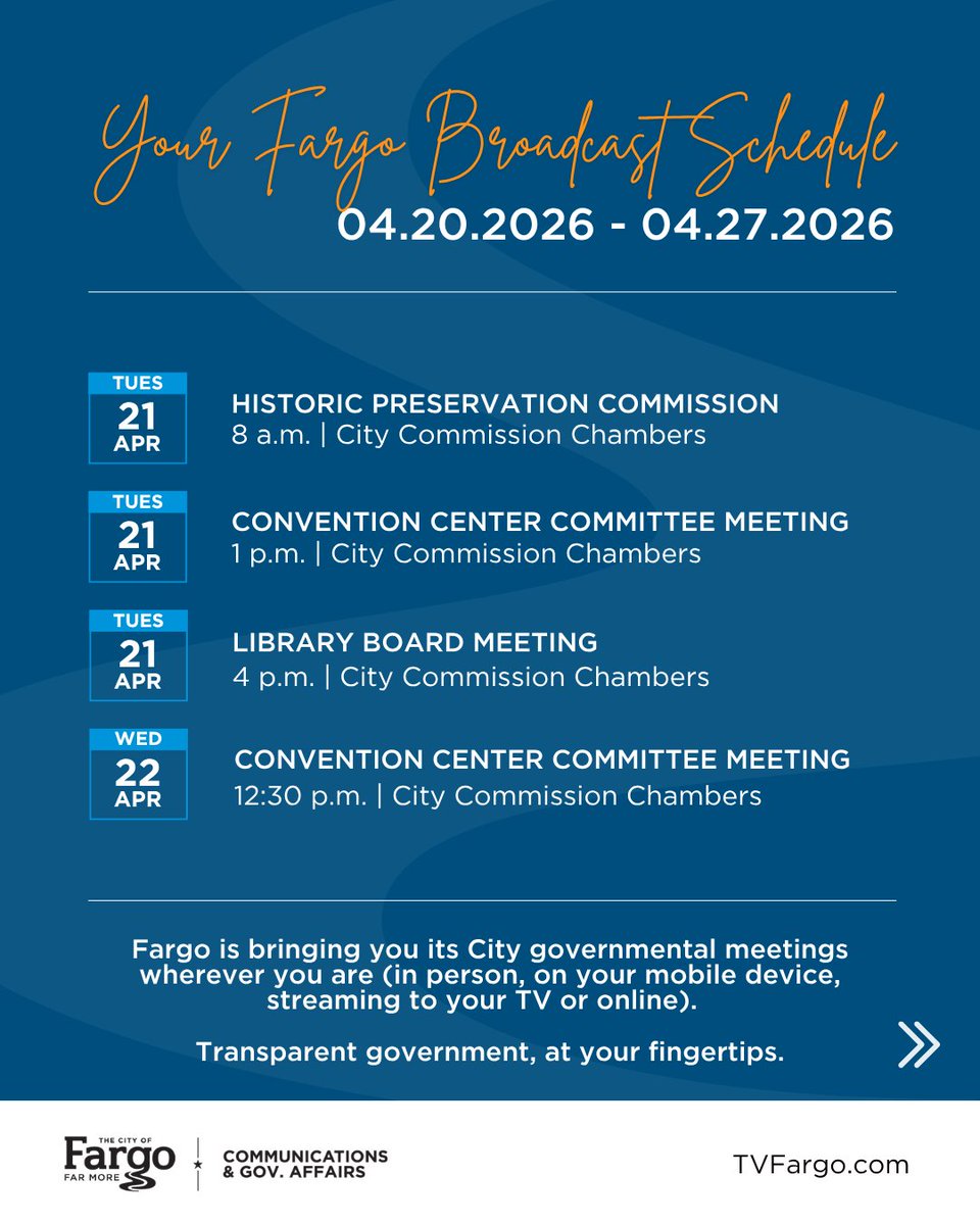 thecityoffargo's tweet photo. Team #Fargo is bringing upcoming broadcasts to you live—because staying connected to your local government should be simple.

Watch your way:
Cable: Channel 56 (Midco &amp; Sparklight)
Livestream: Facebook, YouTube, Apple TV or Roku
On-Demand: Link in bio https://t.co/8G9XvIhcbb