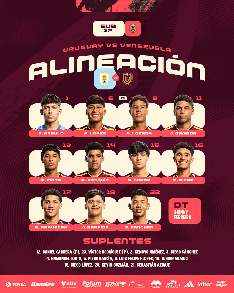 𝐗𝐈 𝐕𝐈𝐍𝐎𝐓𝐈𝐍𝐓𝐎 🇻🇪

Los elegidos para enfrentar a Uruguay por el pase al Mundial 💪🏼

ℹ️ Suspendido Gregory Molina por acumulación de tarjetas amarillas.

⌚️ 4:00 PM (VEN) | 5:00 PM (LOC)
📺 DSports (LATAM) / YouTube CONMEBOL (Resto del Mundo)

#VinotintoSub17 |