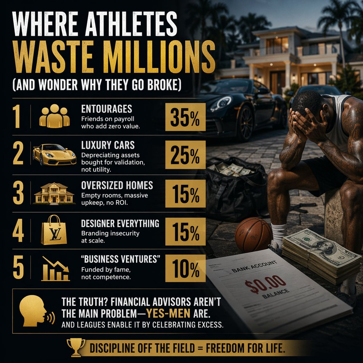 KimFauskee's tweet photo. Elite athletes don’t go broke from bad luck—they go broke funding egos 💸

Biggest money leaks:
Entourages (35%) 👥
Luxury cars (25%) 🚗
Mansions (15%) 🏠
Designer everything (15%) 🛍️
“Business deals” (10%) 📉

Unpopular truth: it’s not bad advisors… it’s yes-men.

Discipline off the field is the real flex.

#Wealth #SportsBusiness #UnpopularOpinion