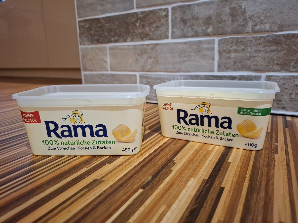 OE_Markus's tweet image. ✅️ Gleiche Verpackungsgröße
✅️ Gleicher Preis
❌️ Weniger Inhalt
Die fehlenden 50g fallen sofort auf!

Peinlich, dass #Rama online noch das 450g Foto zeigt und daneben mit "im 400g Becher erhältlich" wirbt.
#Shrinkflation #Inflation 
rama.com/de-at/at/produ…