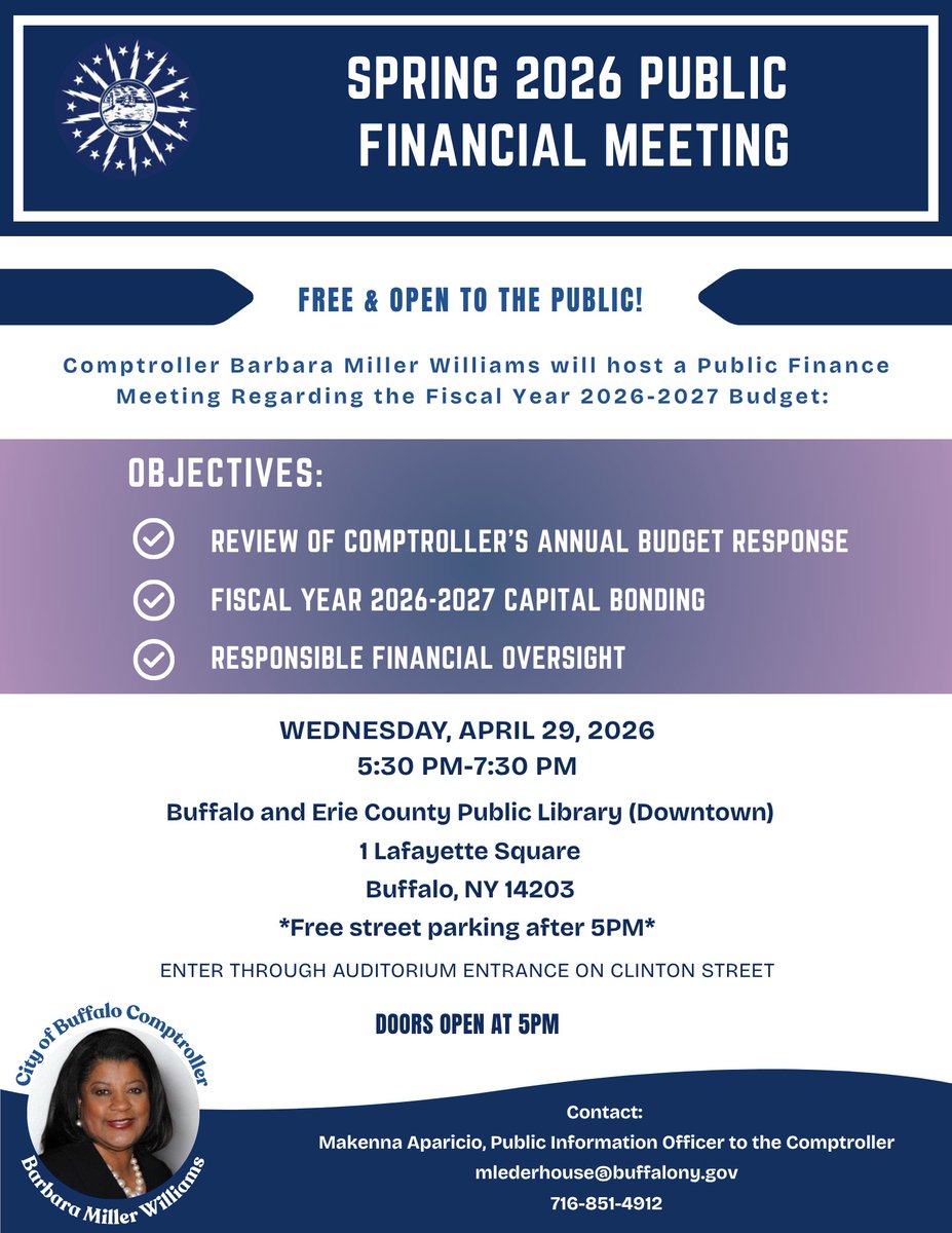 BMWms1's tweet photo. Comptroller Miller Williams will host a Public Finance Meeting Regarding the Fiscal Year 2026-2027 Budget:

When: Wednesday, April 29 from 5:30pm-7:30pm (Doors open at 5pm)

Where: Downtown Buffalo and Erie County Public Library https://t.co/tB4xEPMcfJ