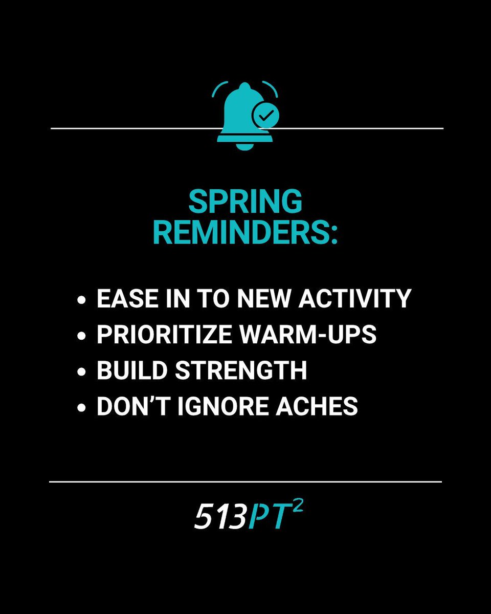 513PT's tweet image. Longer days, warmer weather, and more time outside: It’s what we’ve all been waiting for! But as activity levels ramp up, so does the risk of injury.

If something feels off or you want a plan tailored to your goals, we’re here to help!

#513PT2 #InjuryPrevention #SpringTraining