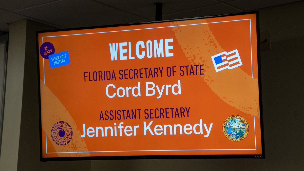 voteorangefl's tweet photo. Today, Orange County SOE Karen Castor Dentel welcomed @FLSecofState @CordByrd &amp; Assistant Secretary Jennifer Kennedy to our elections headquarters for a conversation with staff as we prepare for the 2026 Primary &amp; General Elections.

We appreciate Secretary Byrd’s leadership!☀️ https://t.co/GrUATgg7HF