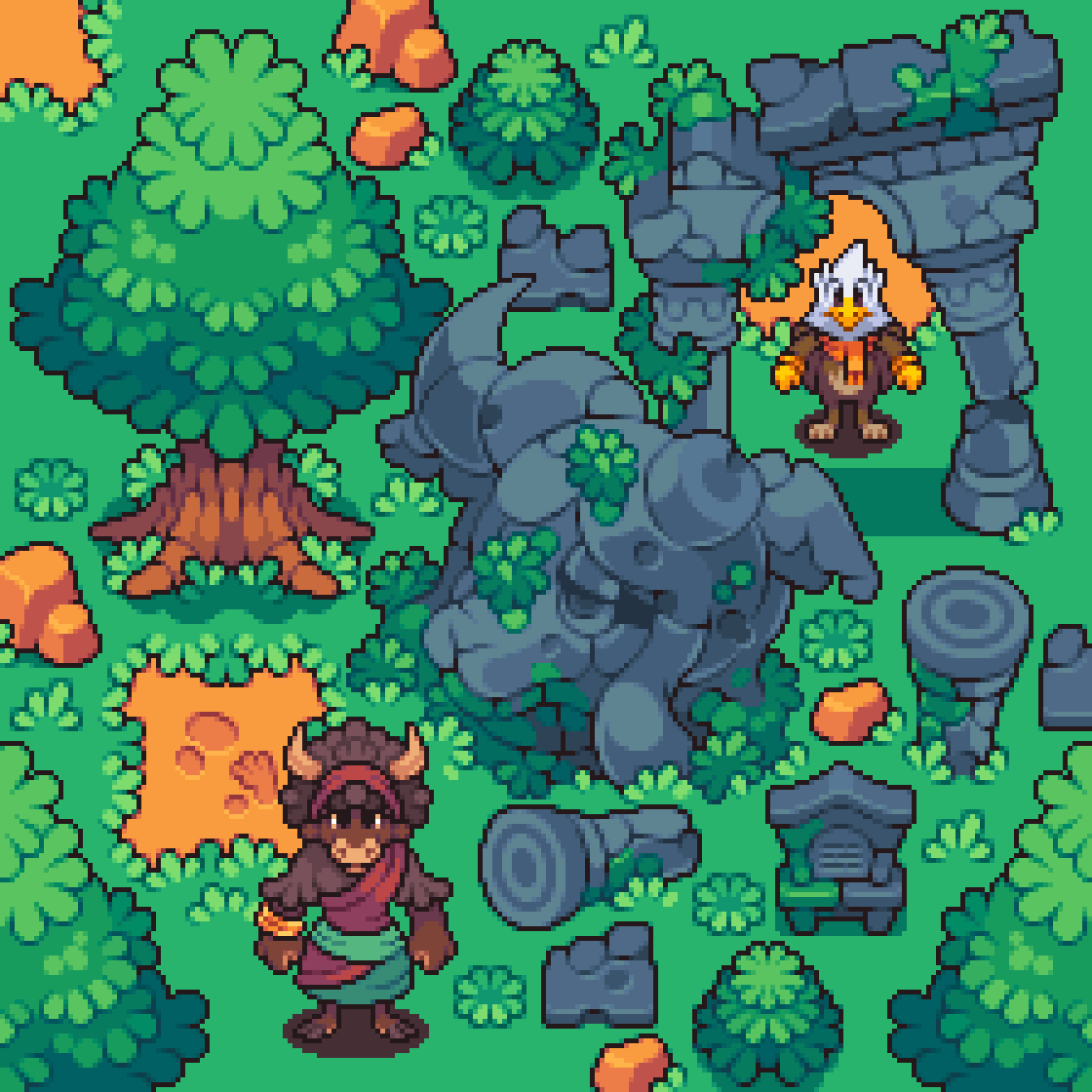 FolkloriaRPG's tweet photo. Another small mockup with the tileset I've been working on! The graphics for the first area were starting to show their age so I've remade them from scratch. Also, the tileset finally matches the ruins theme of the battle background used in this zone! #pixelart #gamedev https://t.co/dtbKWczLse