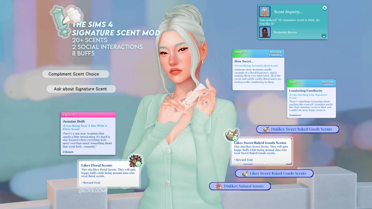 Im excited to share that my Signature Scent mod is now out!

Mod features:
20+ Scents
6 Scent Preferences (Likes/Dislikes)
2 Social Interactions (+1 Solo Interaction)
8 Buffs (Custom Proximity Buffs)
Download beloowww~