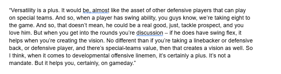 bylucaevans's tweet image. Sean Payton was asked on the premium he puts on mid-round OL prospects being able to play multiple spots. 

Said it's not a mandate. But "versatility is a plus."

Something to keep in mind as Denver's done homework on a *lot* of Day 2/3 OL prospects