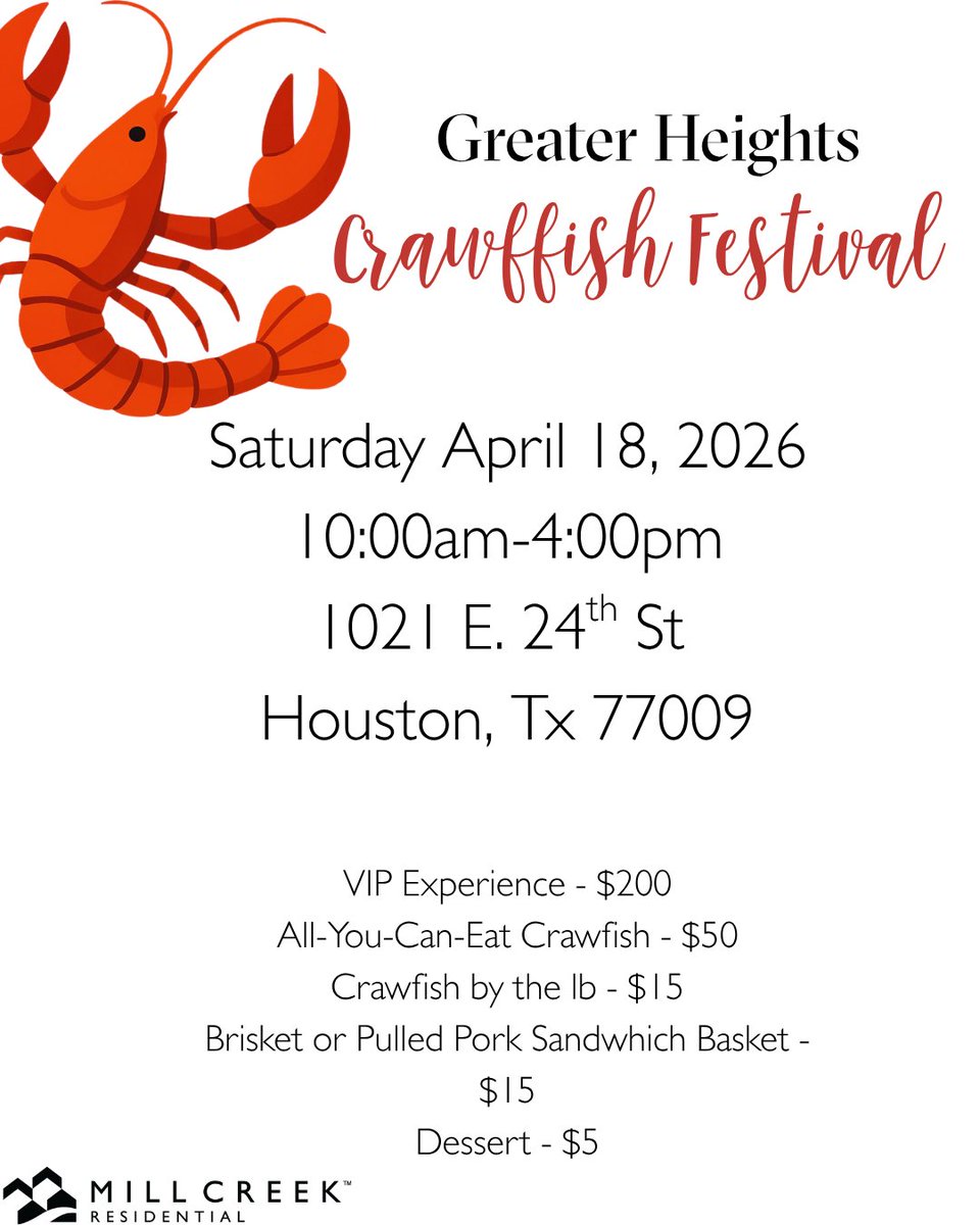 ModeraWa's tweet photo. Heights spring vibes are calling 🌸🎶🦞

Mark your calendar for a full day of food, music, and community fun at Dan Electro’s!
📅 Saturday, April 18, 2026
⏰ 10AM–4PM
📍 1031 E. 24th St., Houston, TX 77009

🎟 FREE admission

Come hungry for ALL the flavor:
🦞 All-you-can-eat... https://t.co/O9cmXlQh5c
