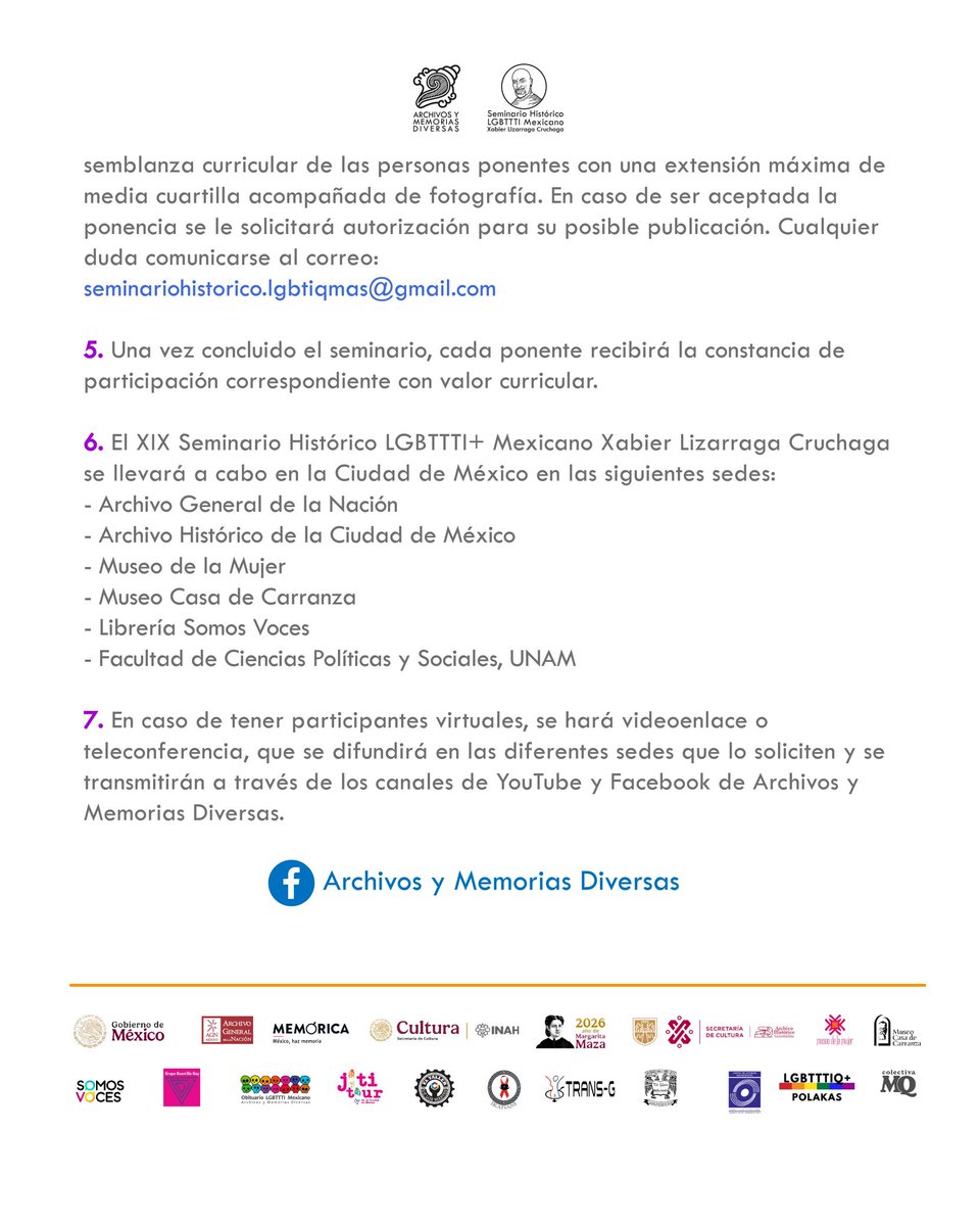 ArchivosY's tweet photo. Convocatoria abierta Envía tu propuesta al XIX Seminario Histórico LGBTTTI+ Mexicano Xabier Lizarraga Cruchaga (9–15 nov 2026).

Fecha límite: 13 de junio de 2026
Postulación vía Google Forms: https://t.co/gouVCBtGQM

Dudas: seminariohistorico.lgbtiqmas@gmail.com https://t.co/s84JxFL4HA
