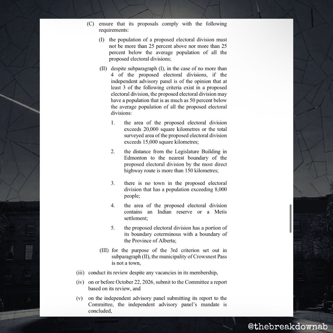 TheBreakdownAB's tweet image. The UCP is trying to claim that their redrawing of the map will only be in line with restoring 2 constituencies.

But the mandate they wrote for themselves tells a very different story…

“subject to any modifications the independent advisory panel considers necessary”

#abpoli