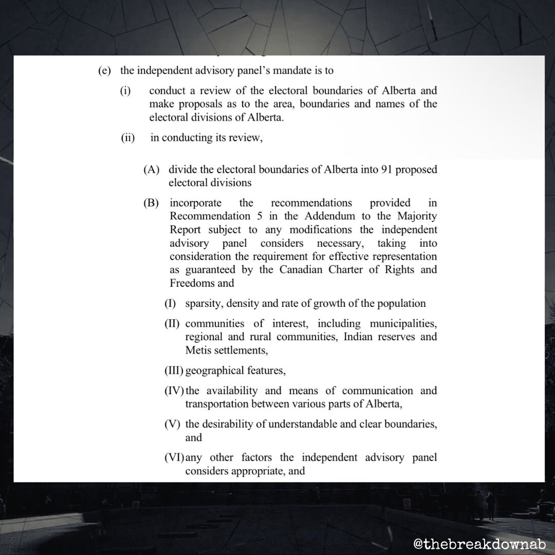 TheBreakdownAB's tweet image. The UCP is trying to claim that their redrawing of the map will only be in line with restoring 2 constituencies.

But the mandate they wrote for themselves tells a very different story…

“subject to any modifications the independent advisory panel considers necessary”

#abpoli