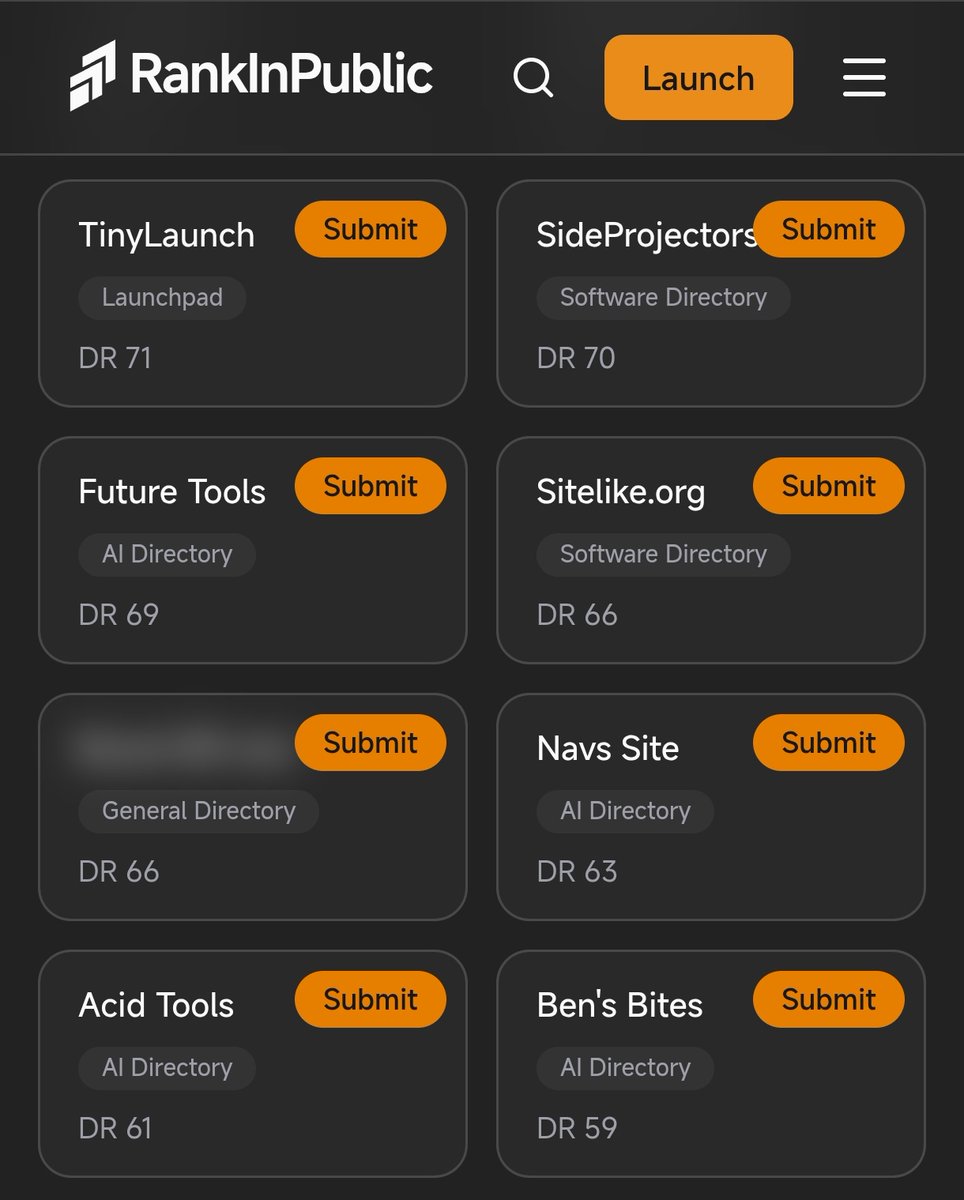 AntonioEscudero's tweet photo. 7 more directories to pump your DR and grow your organic traffic!

Full list with links in 1st comment :)👇

- TinyLaunch          DR 71
- SideProjectors   DR 70
- Future Tools        DR 69
- Sitelike                  DR 66
- Navs Site             DR 63
- Acid Tools            DR 61
- Ben's Bites          DR 59