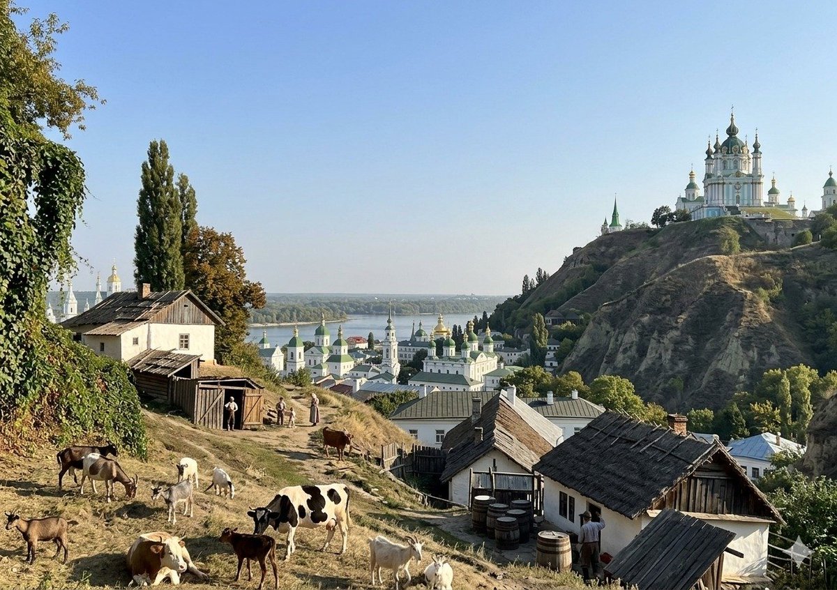 Краєвид з Щекавиці у 1848 році за малюнком Сажина.