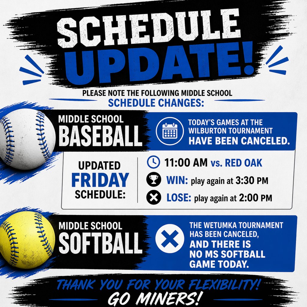HTownMiners's tweet photo. Schedule Update for Middle School Baseball &amp; Softball

Due to weather and tournament adjustments, please note the following middle school schedule changes: https://t.co/NFbHpxi9BI