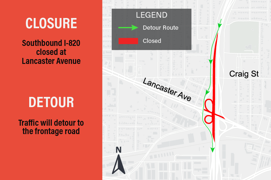 SE_Connector's tweet photo. Highway Closures Tonight, 4/16:

Westbound I-20 closed at Anglin Dr.
9 p.m. to 6 a.m.

Southbound I-820 closed at Lancaster Ave.
11 p.m. to 6 a.m.

Please visit https://t.co/3GvI6FNOjw for a full list of all upcoming closures. https://t.co/Ixcz9ykjiU