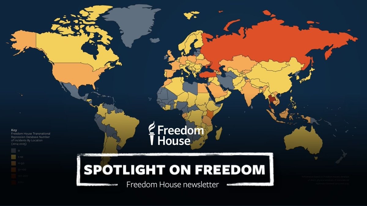 freedomhouse's tweet photo. Read the latest Spotlight🔆on Freedom:

📝NEW REPORT: Tracking Transnational Repression in 2025
🗪 How Chinese Authorities Attempted to Silence a Uyghur Scholar and Rights Advocate
🗓️ EVENT: Freedom House 2026 Annual Awards and 85th Anniversary 

More: https://t.co/FJlJXczfmP 
Subscribe: https://t.co/Q3IBv6q8HK