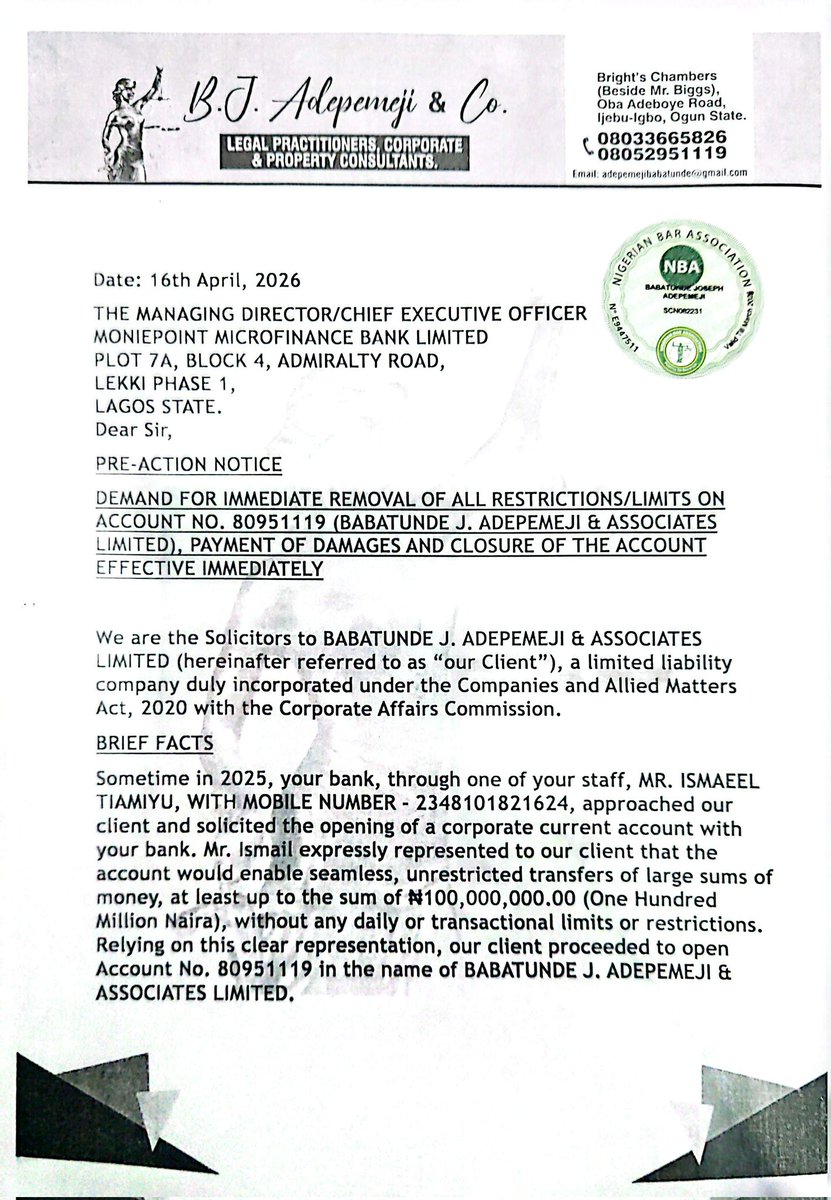 brightade11's tweet photo. @moniepointng please find attached the pre-action notice/demand letter. https://t.co/EZMJhFCh6E
