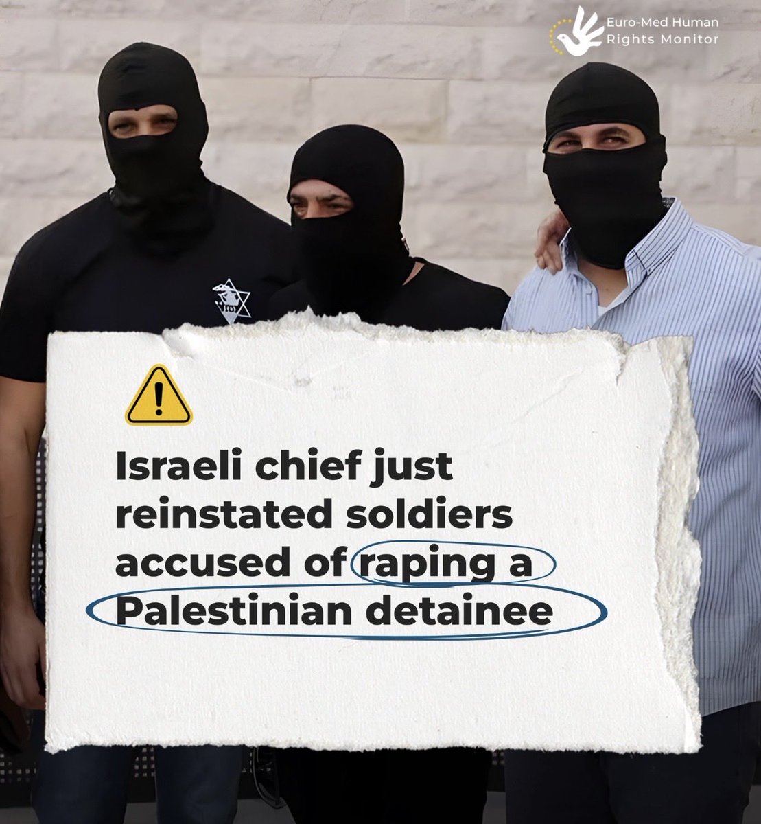 Five Israeli prison guards who gang-raped a Palestinian inmate on camera at the notorious torture camp Sde Teiman are being returned to military service.
Systematic rape of Palestinians is de facto an Israeli state policy…committed under explicit orders and with the implicit
