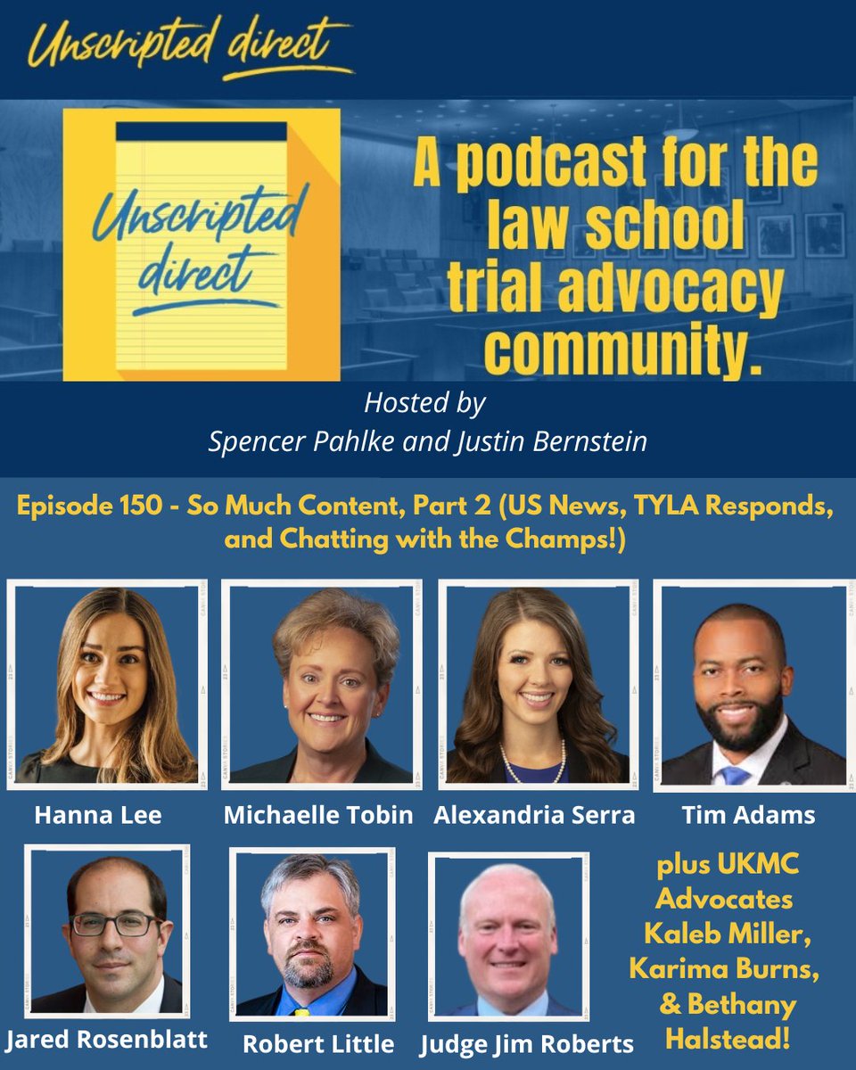 UnscriptedDX's tweet photo. "Episode 150 - So Much Content, Part 2 (US News, TYLA Responds, and Chatting with the Champs!)"

Listen to Part 2 of this week's Unscripted Direct Trial Advocacy podcast at: https://t.co/gO8ZWSRjAM https://t.co/UZM8LRzDb6
