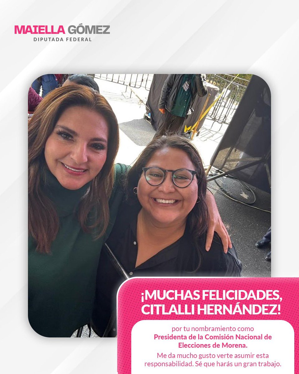 Muchas felicidades a una gran amiga <a href="/CitlaHM/">Citlalli Hernández Mora</a> por su nombramiento como titular de la Comisión Nacional de Elecciones de <a href="/PartidoMorenaMx/">Morena</a> 🤝✨

Estoy segura que su experiencia, compromiso y trayectoria serán fundamentales para fortalecer este proceso interno, abonando a la unidad y