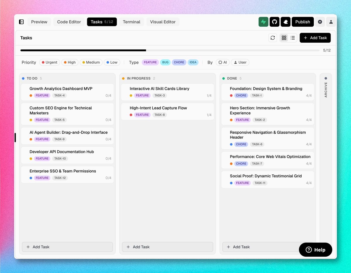 SoftgenAI's tweet photo. The biggest bottleneck in AI development isn't writing code. It's re-explaining context.

We just shipped a native Kanban Board inside Softgen.

The real upgrade: Your AI agent reads it. Move a card to "In Progress" and it picks up exactly where you left off. No re-prompting.

Zero config. Just execution.