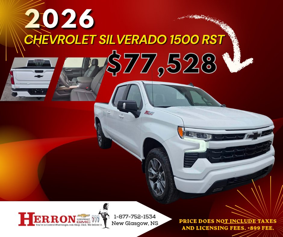 Experience the power and versatility of the 2026 Silverado 1500 RST! This beast is ready to work or play!
Talk to a sales rep today! 902-752-1534
or
stop by Herron Chev Buick GMC
465 Westville Road, New Glasgow
herrongm.com/.../2026-chevr…...