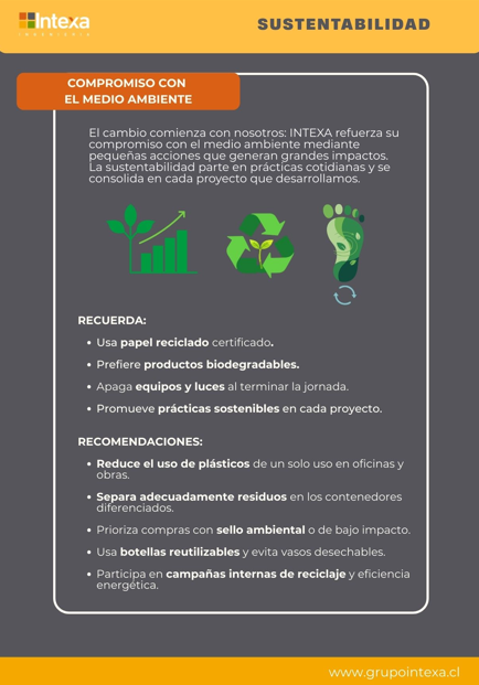 IntexaSA's tweet photo. En Intexa Ingeniería sabemos que pequeñas acciones pueden generar grandes impactos 🌱, por lo que las integramos en nuestras operaciones diarias.

♻️ Compartimos algunas recomendaciones prácticas para contribuir activamente al cuidado del medio ambiente. https://t.co/vcNFj3KtqV