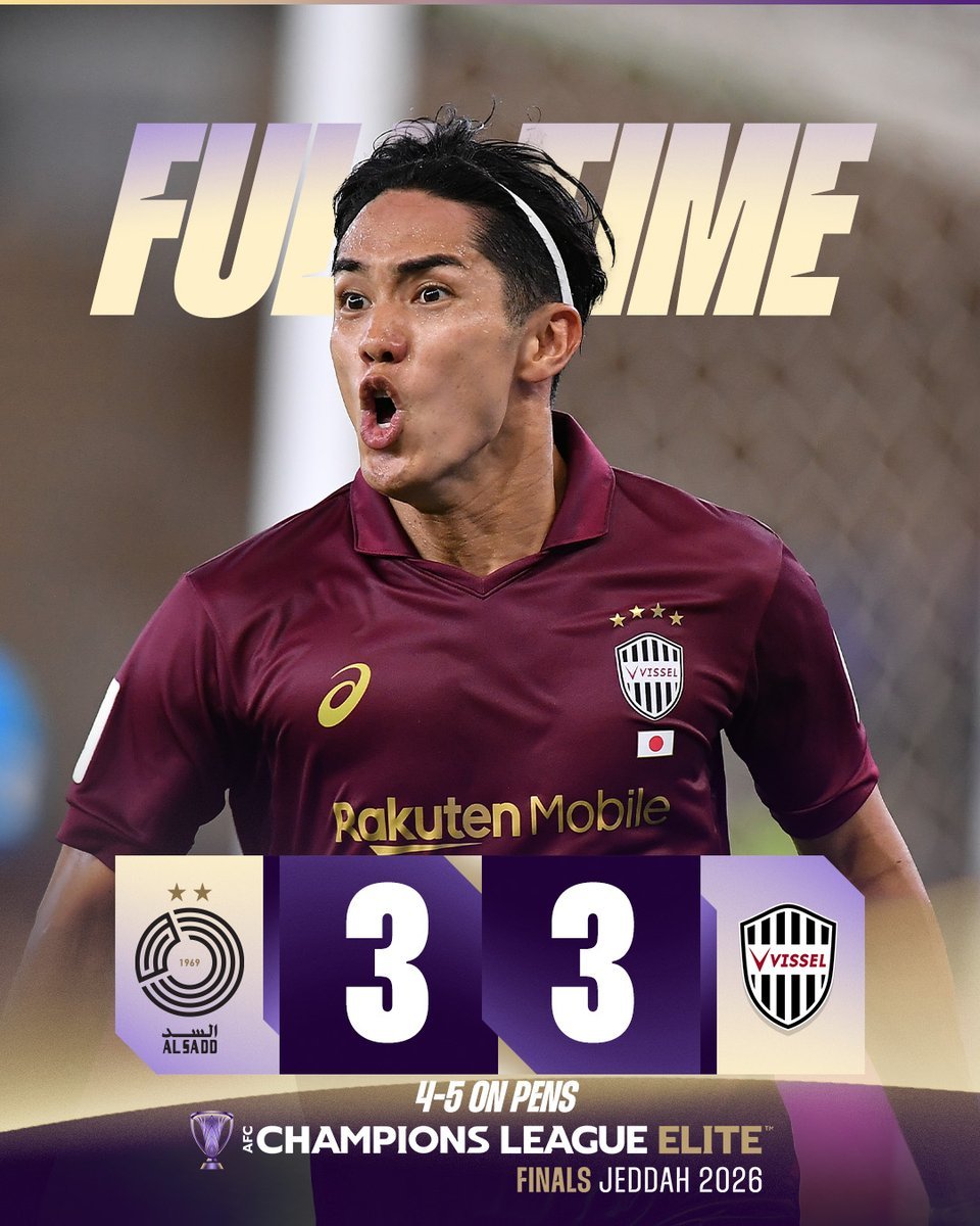 TheAFCCL_jp's tweet photo. 試合終了 | 🇶🇦 アル・サッド 3️⃣-3️⃣ ヴィッセル神戸 🇯🇵(PK 4️⃣-5️⃣)
最後まで戦い抜いたヴィッセル神戸がPK戦を制し、準決勝進出!🔥
#ACLElite | #SADvVIS https://t.co/IJ29rAPluv