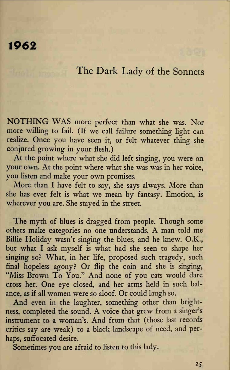 What Baraka wrote for Billie Holiday is so beautiful and precise a guide for how to be not just her, but better at being yourself, a lover's almanac