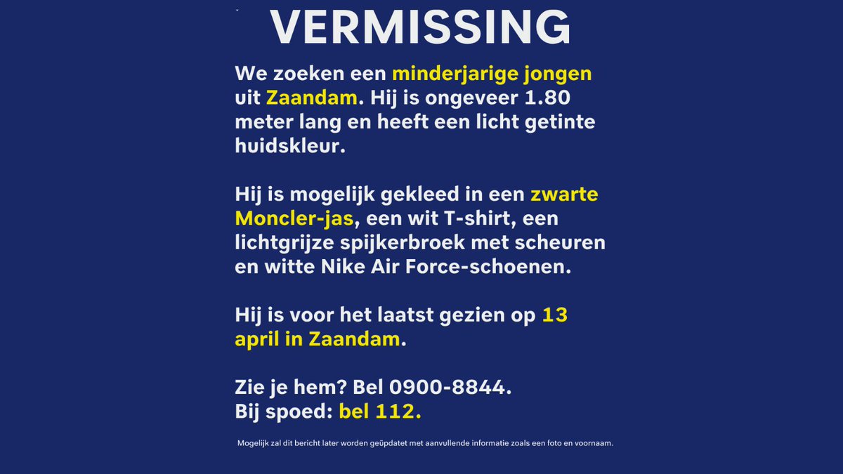 Vermissing minderjarige jongen in Zaandam
