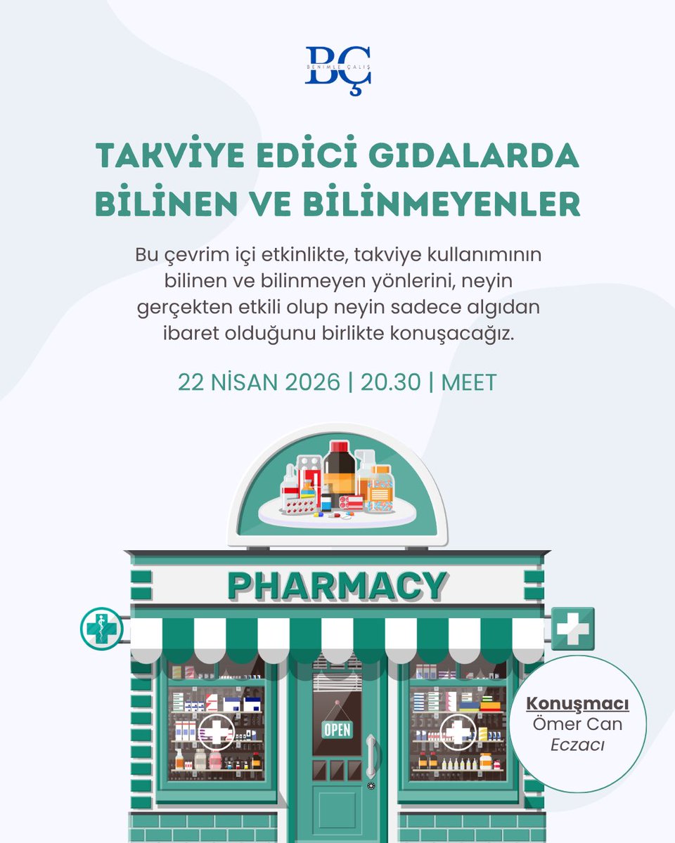BenimleCalis's tweet photo. Merhabalar, takviye kullanımının bilinen ve bilinmeyen yönlerini ele alacağımız bu çevrim içi etkinlikte; takviye edici gıda nedir, ne zaman ve kimler tarafından kullanılmalıdır gibi temel sorulara birlikte yanıt arayacağız. 

📅: 22 Nisan 2026
🕣: 20.30 
📍: Google Meet https://t.co/QtHcQqyaXT
