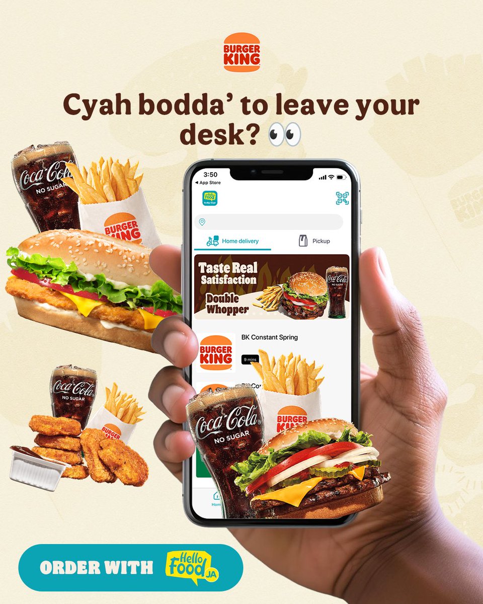 bkjamaica's tweet image. Cyah bodda’ leave yuh desk? 👀
Yeah man, we get it. Just grab yuh phone 📲 and order from @hellofoodja 

Whatever yuh craving, get it delivered straight to yuh office ✨🔥

#BKJamaica #HaveItYourWay #HelloFoodsDelivery