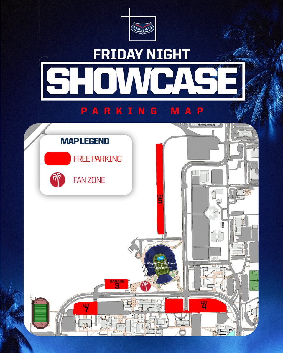 FAUGameday's tweet photo. Parking Questions?
We've got you covered @FAUFootball Fans!    

🟥Download the @waze Traffic App
🟥Parking Lots Open at 5:00pm  

Parking Map 👇| #WIP🏝️ https://t.co/EKU90eKl2y